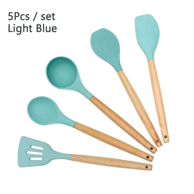 Silicone Cooking Utensil Set Wooden Handle Spatula