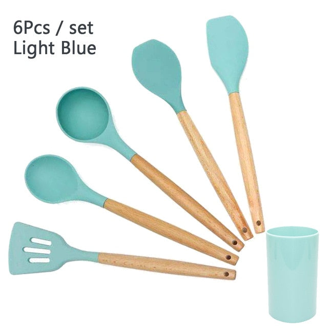Silicone Cooking Utensil Set Wooden Handle Spatula
