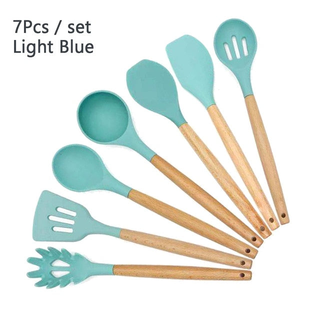 Silicone Cooking Utensil Set Wooden Handle Spatula