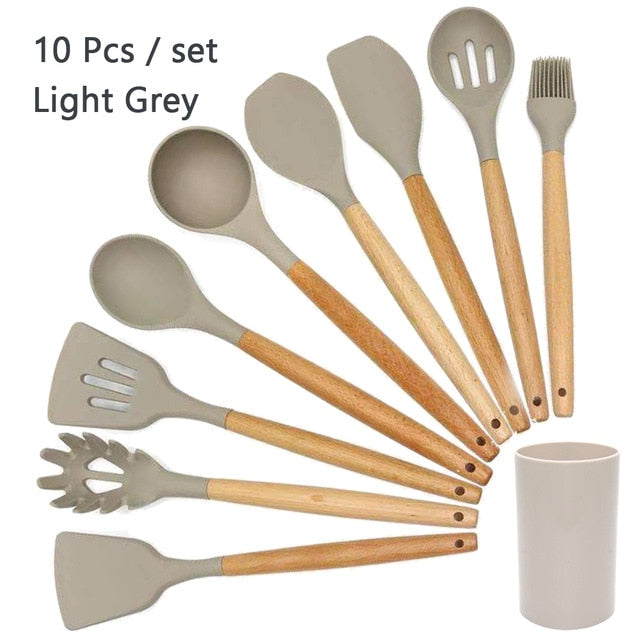 Silicone Cooking Utensil Set Wooden Handle Spatula