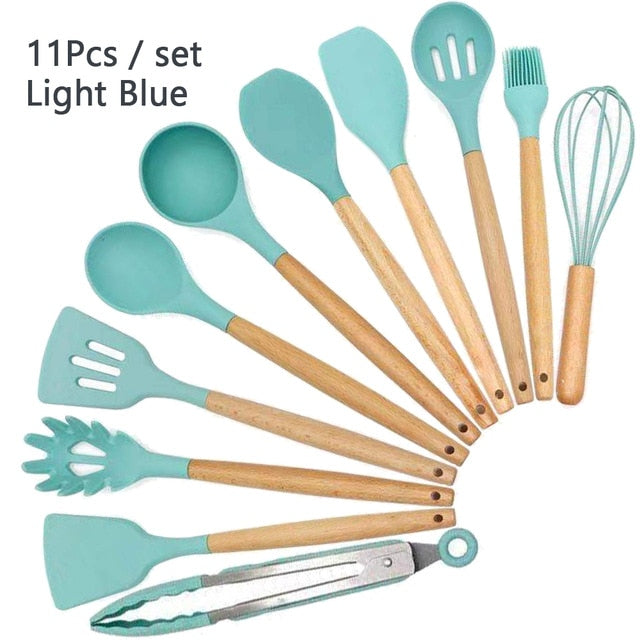 Silicone Cooking Utensil Set Wooden Handle Spatula