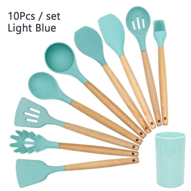 Silicone Cooking Utensil Set Wooden Handle Spatula