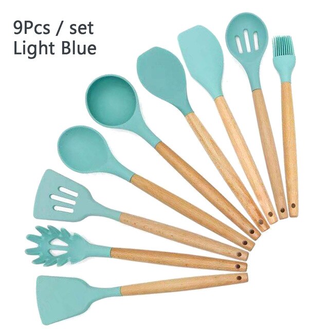 Silicone Cooking Utensil Set Wooden Handle Spatula