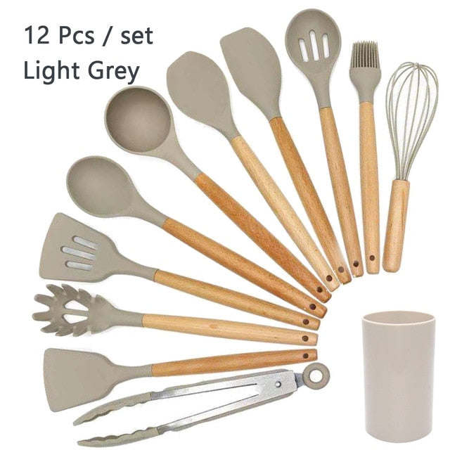 Silicone Cooking Utensil Set Wooden Handle Spatula