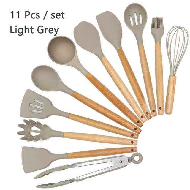 Silicone Cooking Utensil Set Wooden Handle Spatula