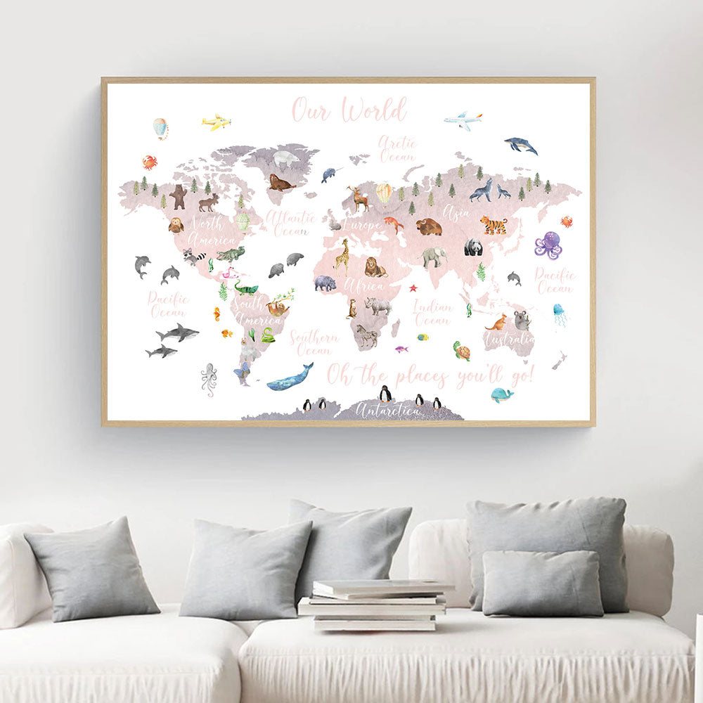 Educational Animal World Map Wall Art