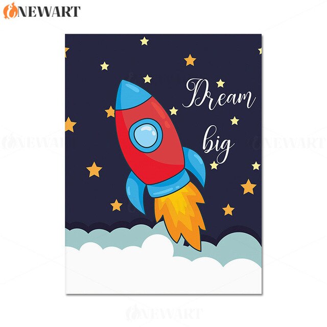Cartoon Astronaut Space Rocket Picture for Boy Girl Room