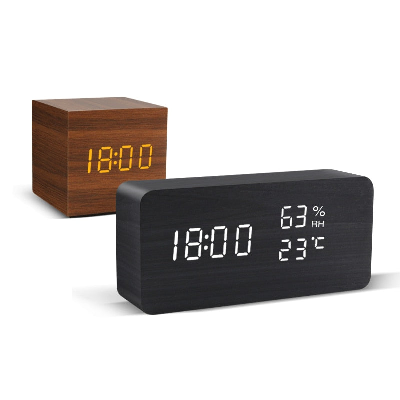 Alarm Clock LED Control Digital Wooden