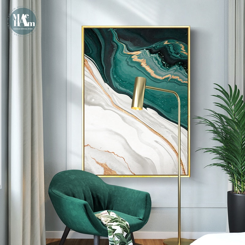 Abstract Gold foil lines Green Canvas Art Paintings