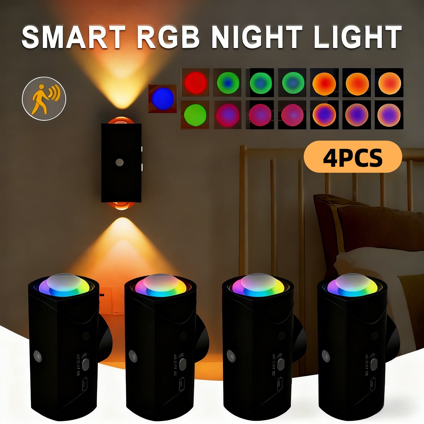 4PCS Color-sensing Motion Night Lights, Wall Lights, Cabinet Lights