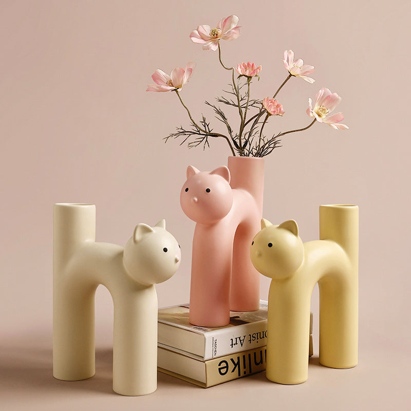 Cute Tube Cat Vase Living Room Home Desktop Decoration