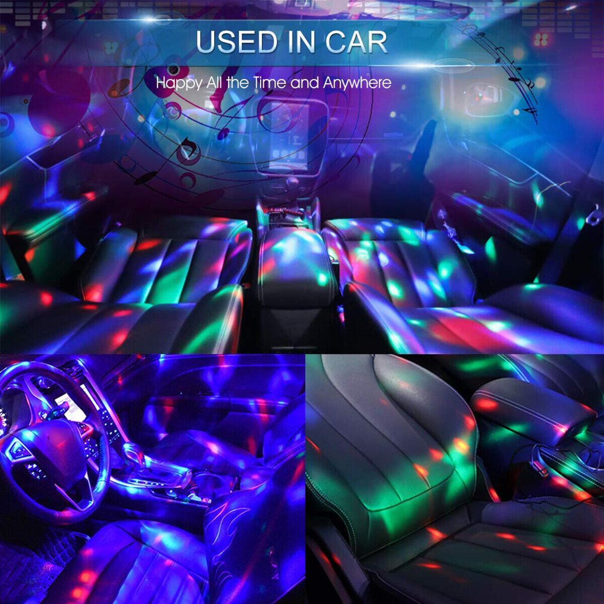 2x USB Mini Disco DJ Ball Car Party Atmospher Light Bar Colorful Sound Activated