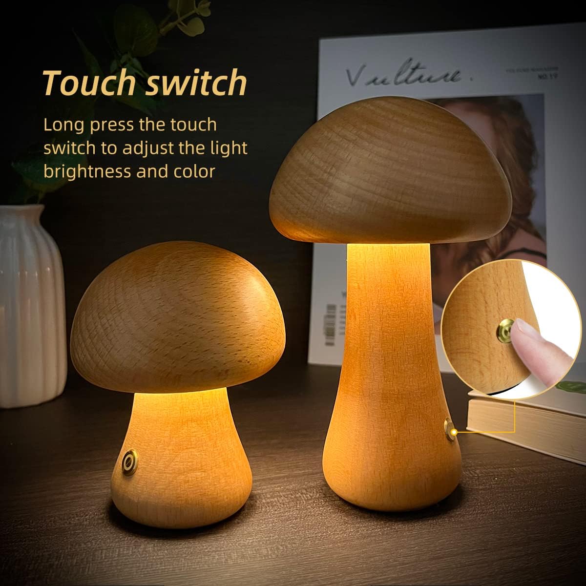 INS Wooden Cute Mushroom LED Night Light With Touch Switch  Bedside