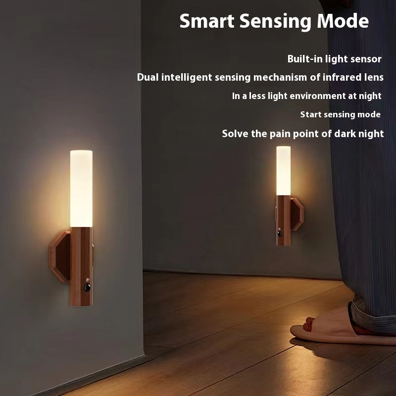 LED Wood Grain Magnetic Wall Lamp Motion Sensor USB Night Light