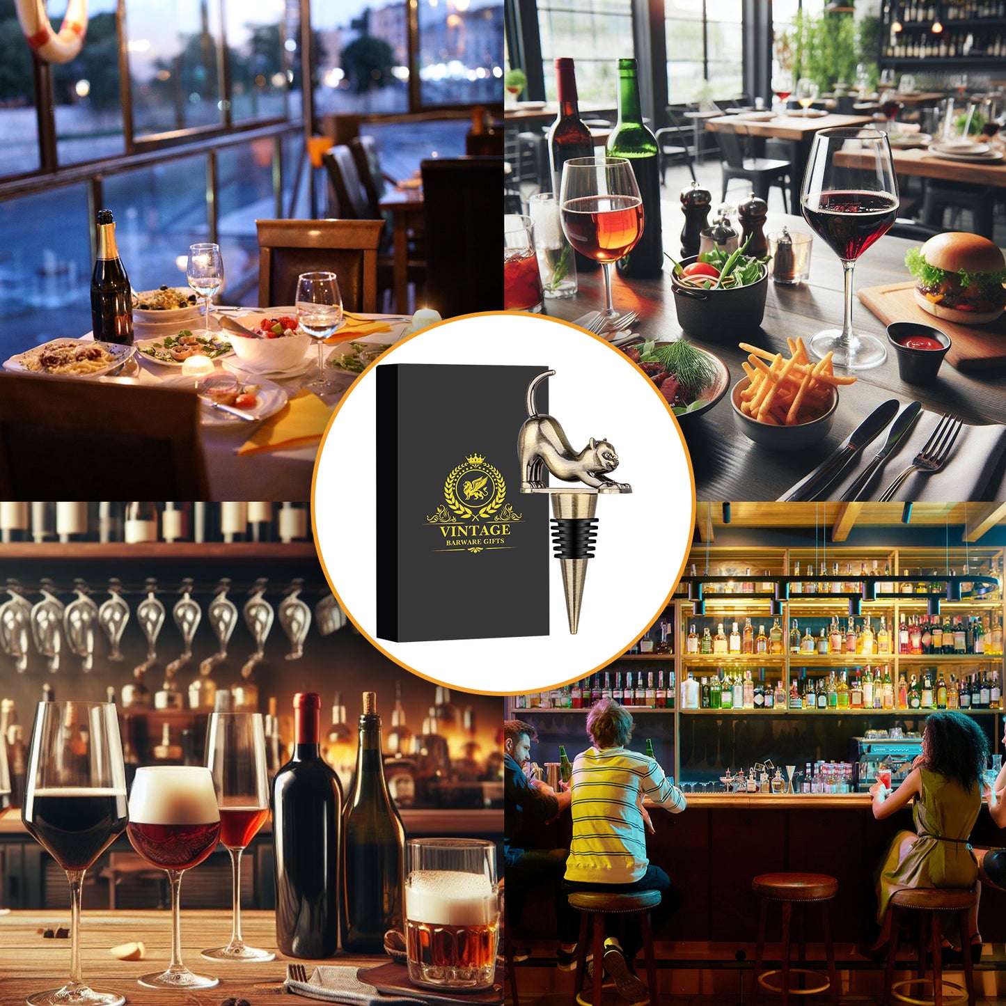 Elegant Upturned Cat Shaped Red Wine Stopper Set With Metallic Luster