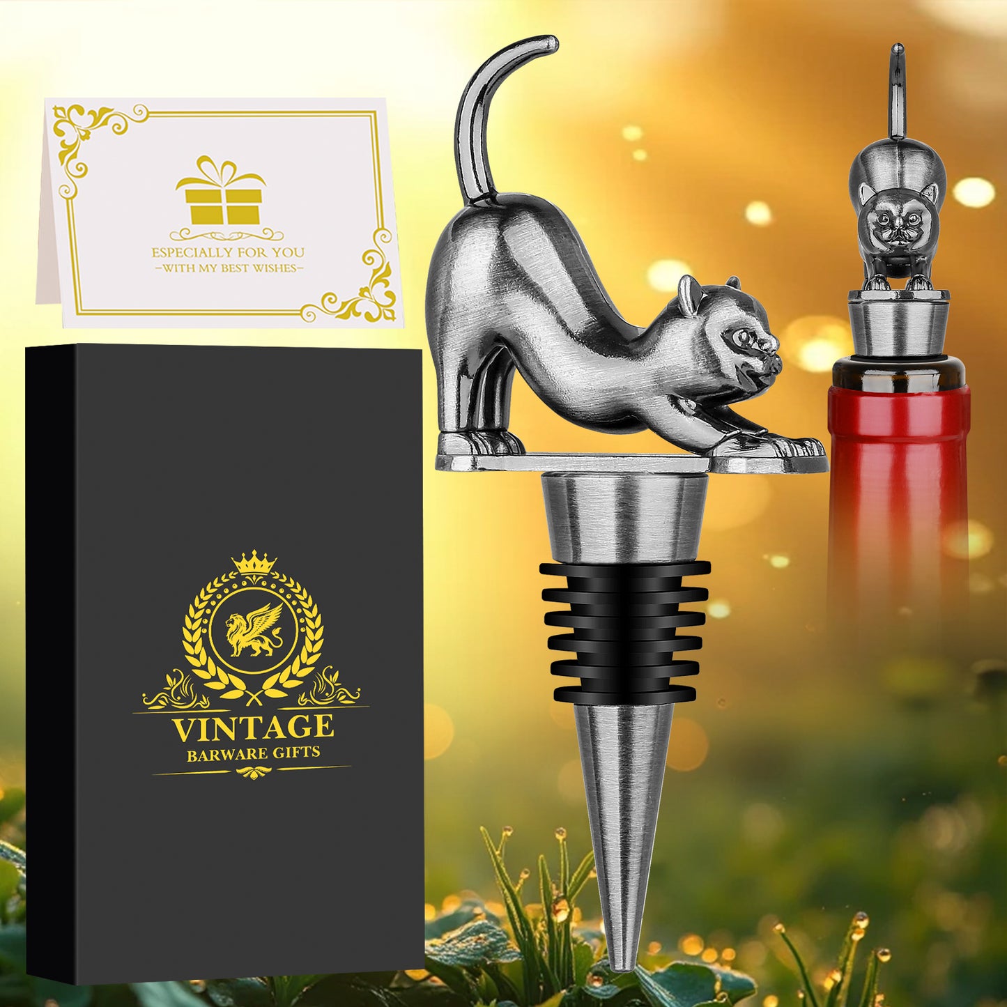 Elegant Upturned Cat Shaped Red Wine Stopper Set With Metallic Luster