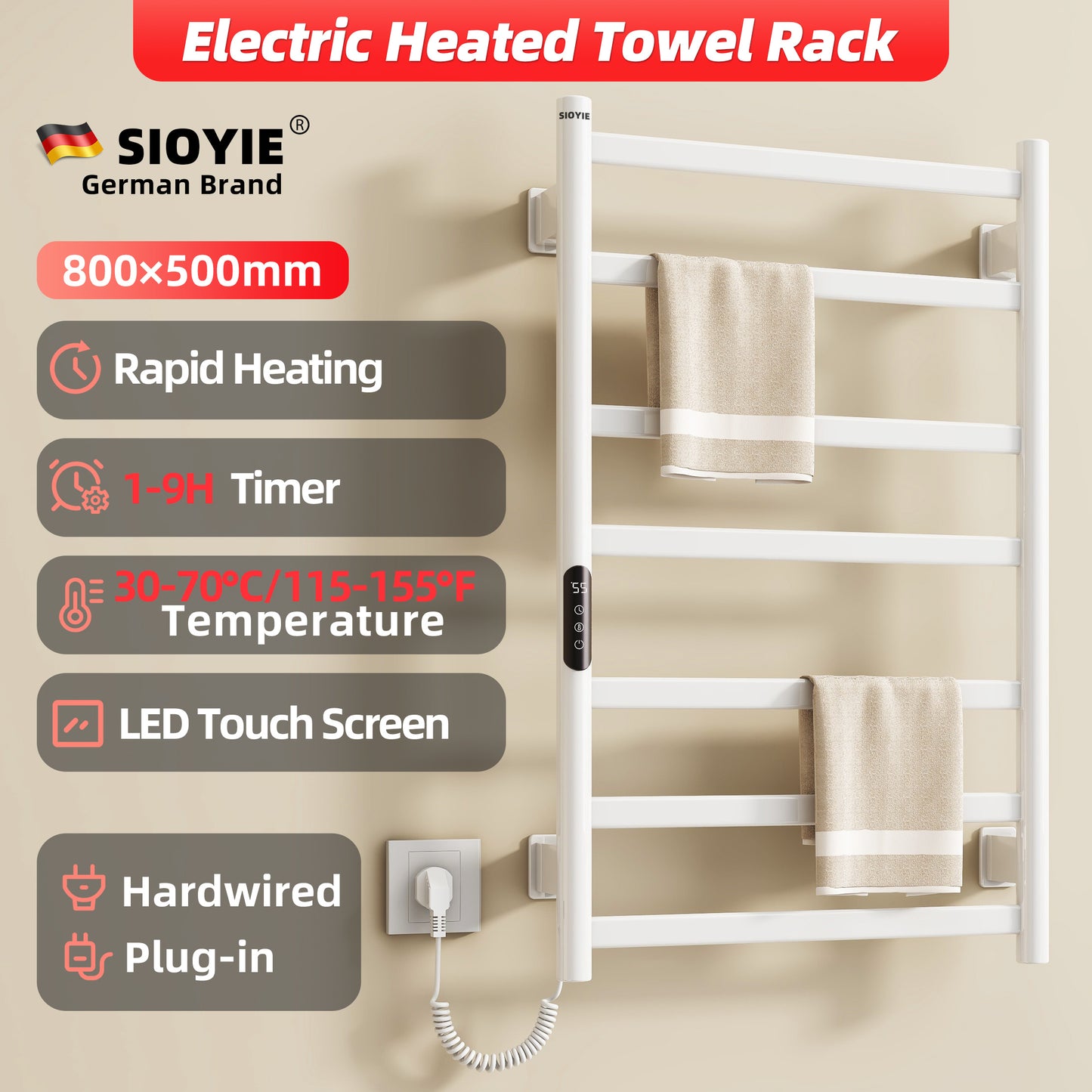 Towel Warmer Bathroom Wall Mounted 6 Bars Electric Towel Drying
