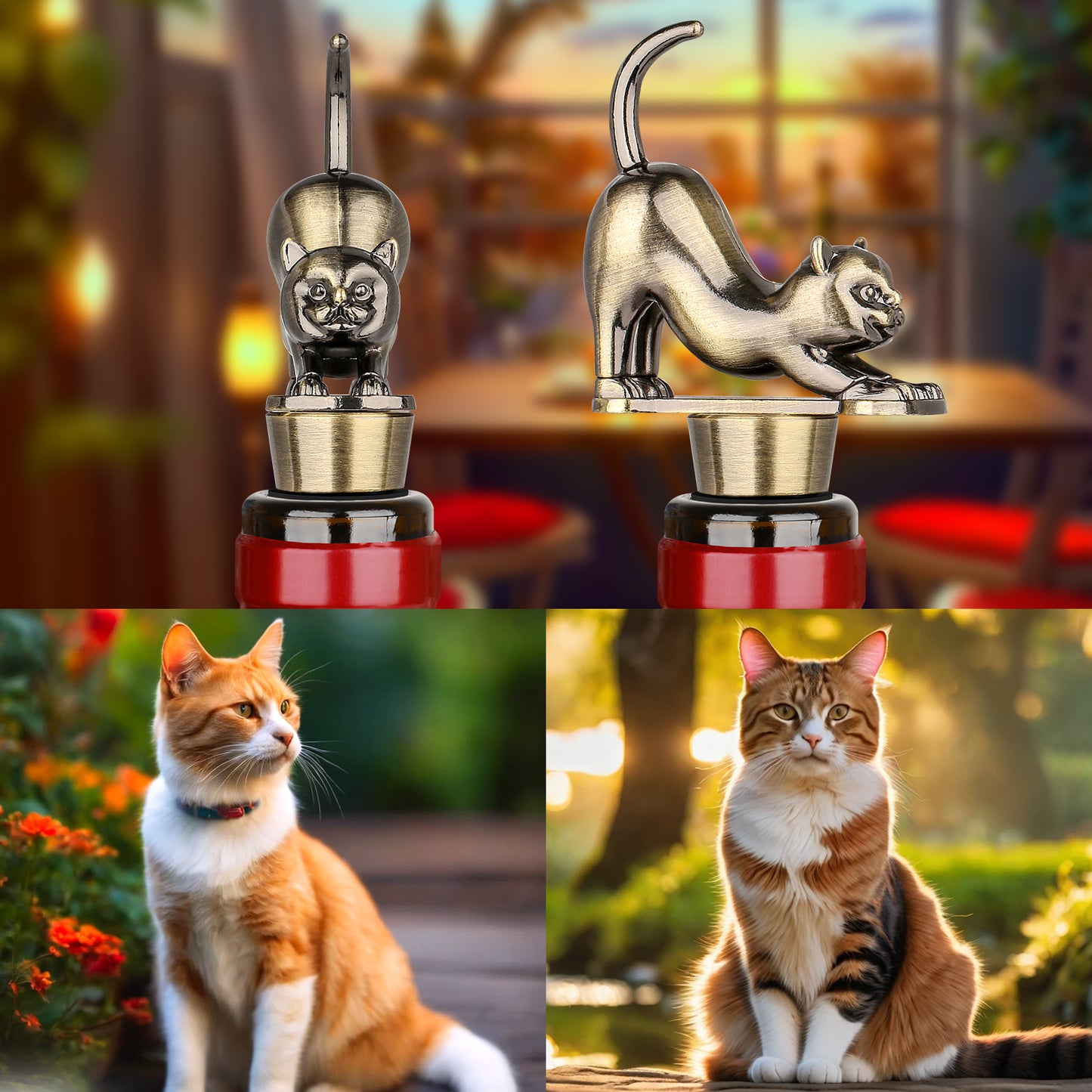 Elegant Upturned Cat Shaped Red Wine Stopper Set With Metallic Luster