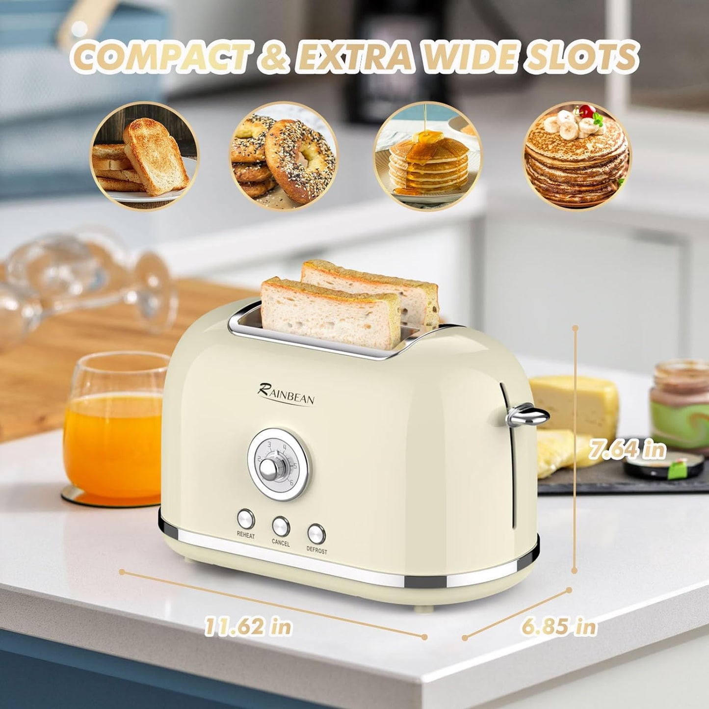 Toaster 2 Slice Retro Toaster Stainless Steel With 6 Bread Shade