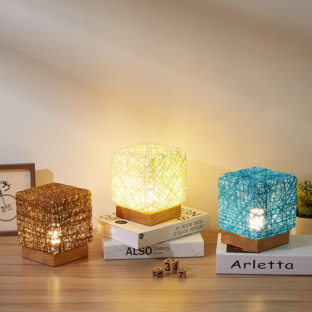 Hand-Knit Dimmable Square LED Desk Lights Wood Rattan Twine