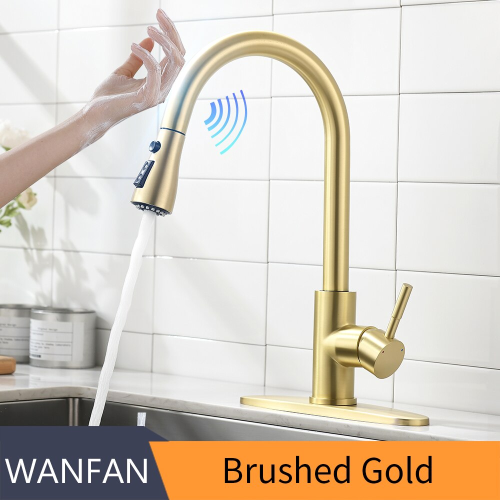 Sensor Kitchen Faucets Brushed Gold Smart