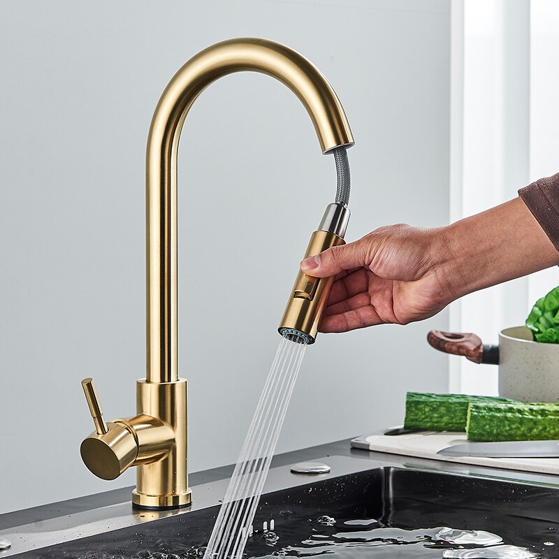 Brushed Gold Kitchen Faucet Pull Out Kitchen Sink