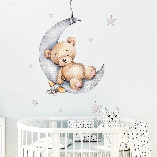 Teddy Bear Sleeping on the Moon and Stars Wall Stickers