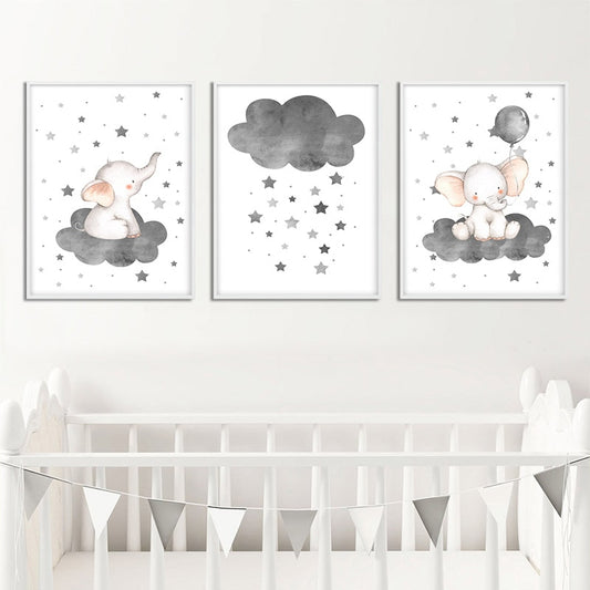 Cartoon Elephant Balloon Cloud Poster