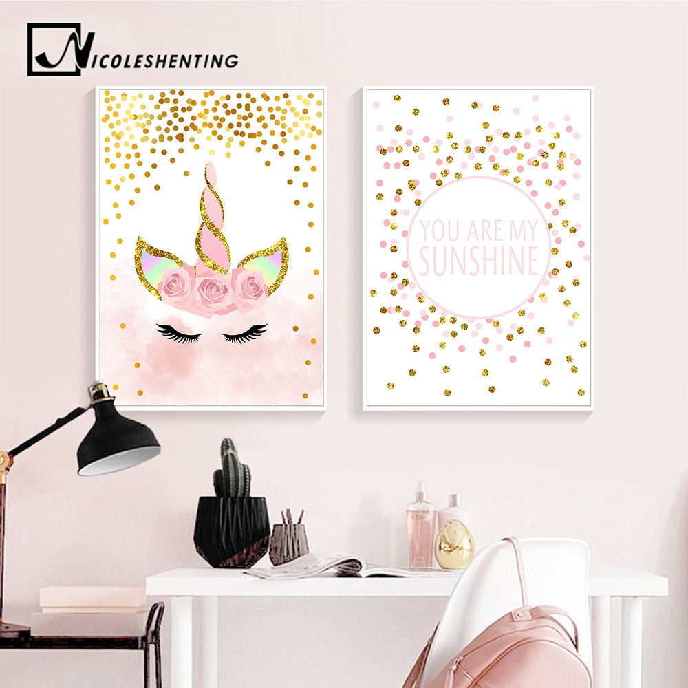 Pink Unicorn Poster Nursery Quotes Art Wall