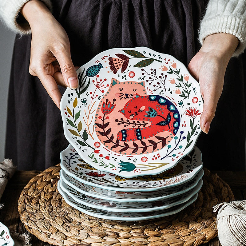 Colorful Cat Dinner Plate Under-glazed Ceramic