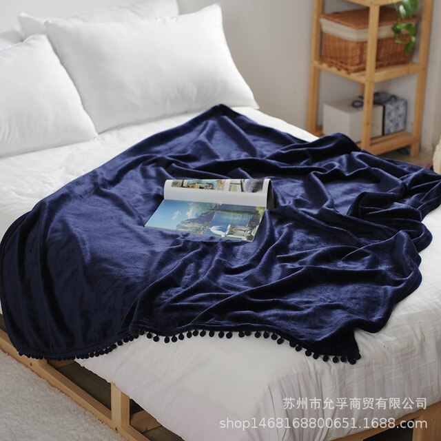 Flannel Blanket with Pompom Fringe Lightweight