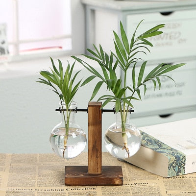 Terrarium Hydroponic Plant Vases Vintage Flower Pot Transparent Vase Wooden Frame Glass Tabletop Plants Home