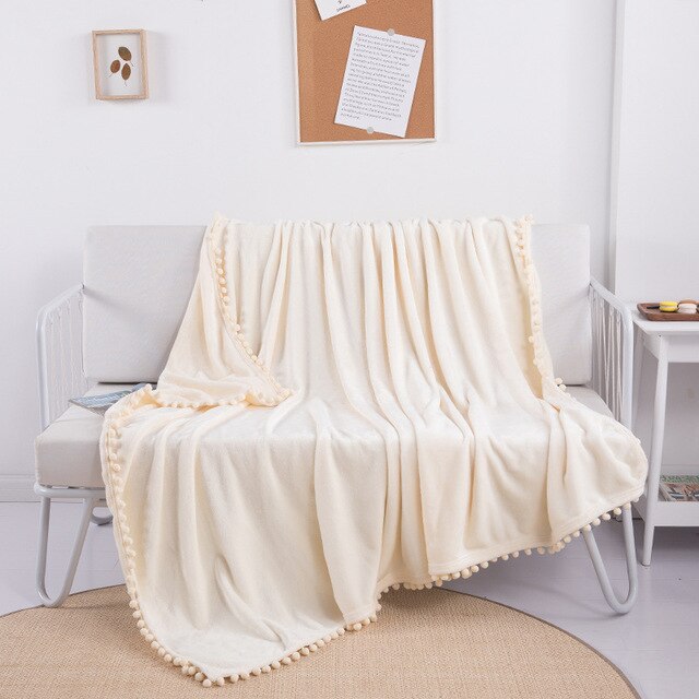Flannel Blanket with Pompom Fringe