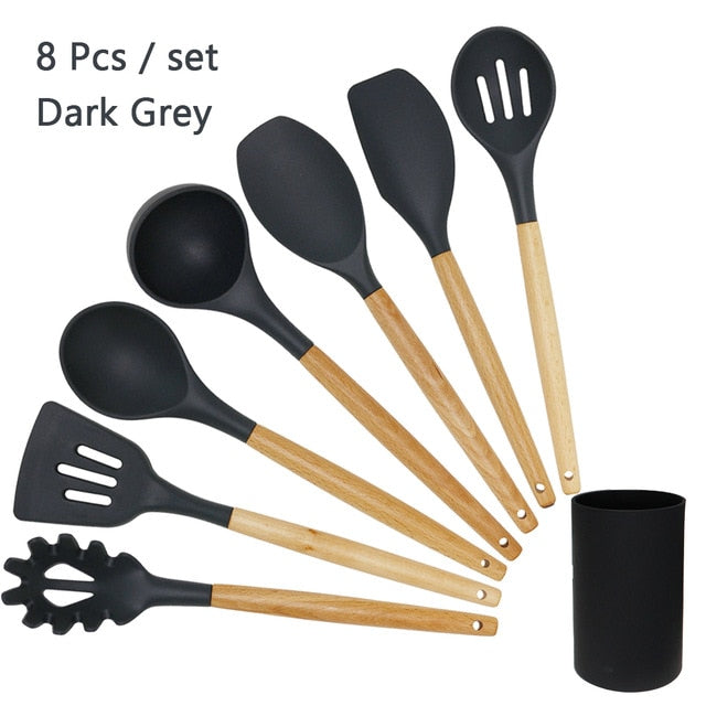 Silicone Cooking Utensil Set Wooden Handle Spatula