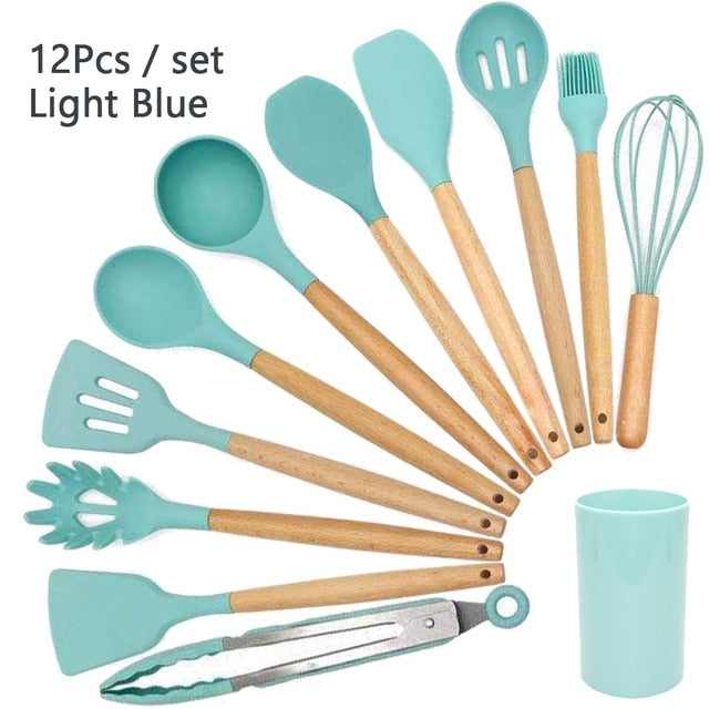 Silicone Cooking Utensil Set Wooden Handle Spatula