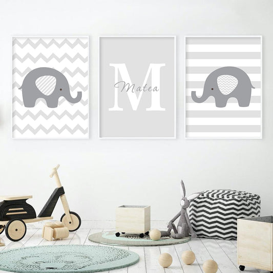 Baby's Name Gray Elephant Painting Nursery Room