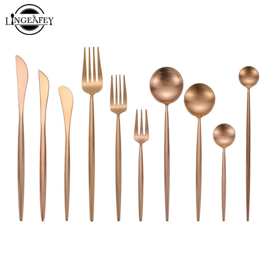 Steel Rose Gold Spoon Forks Knives Set Western Dinnerware