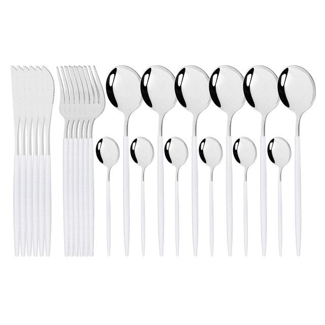 24 Pieces Set Stainless Steel Dinnerware Set White Gold Cutlery