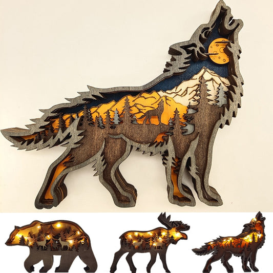 Wooden Animal Wolf Statue Ornaments